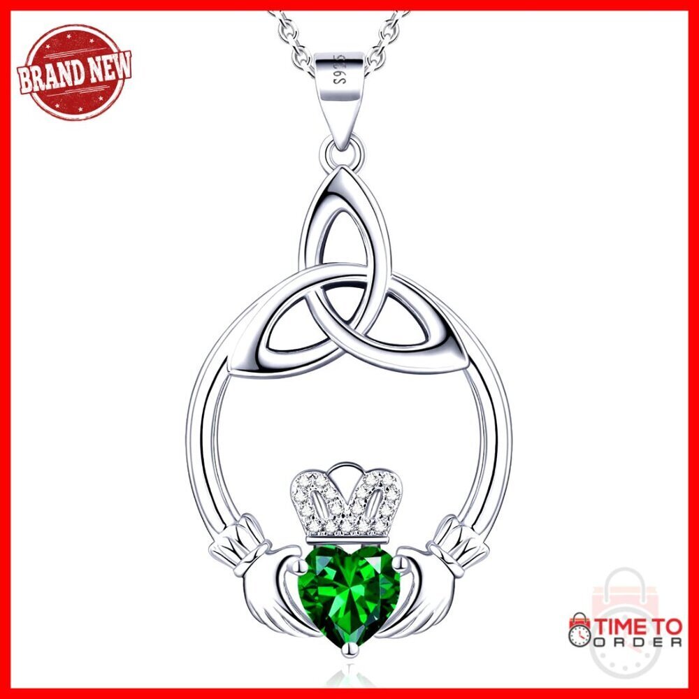 925 Sterling Silver Claddagh Birthstone Necklace 18"+2" Chain Heart Pendant